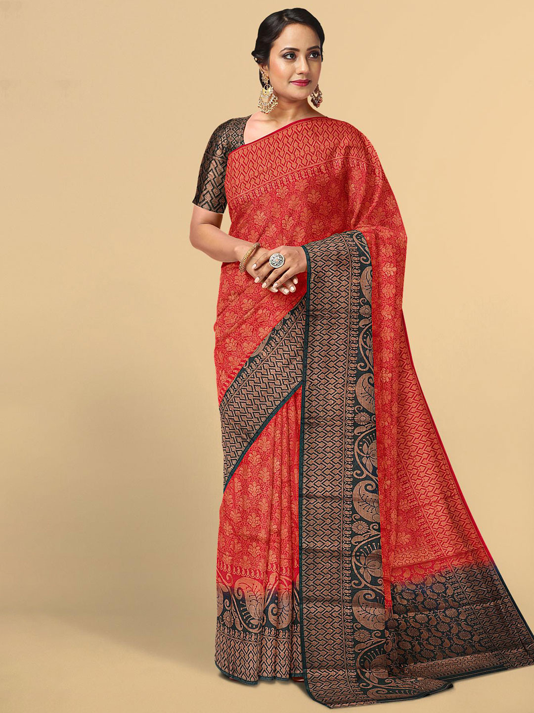 

Kalamandir Red & Gold-Toned Woven Design Zari Silk Blend Saree