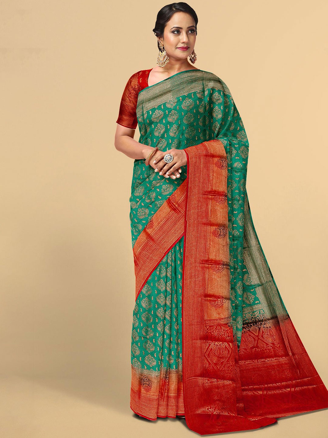 

Kalamandir Teal & Red Woven Design Zari Silk Blend Saree