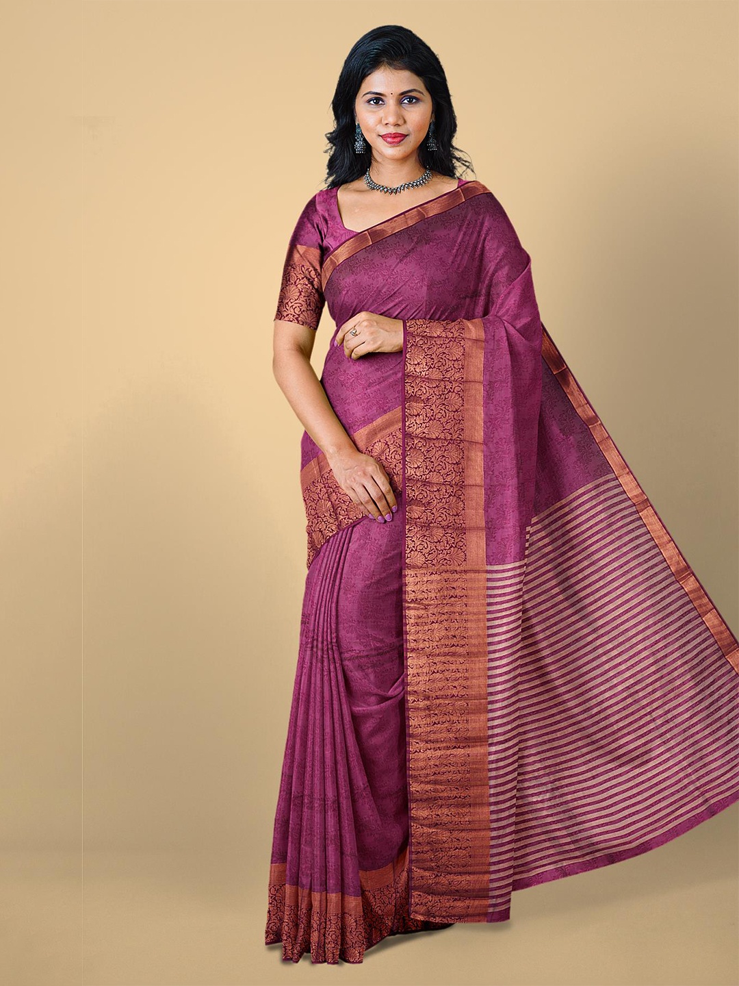 

Kalamandir Maroon & Gold-Toned Woven Design Zari Silk Blend Saree