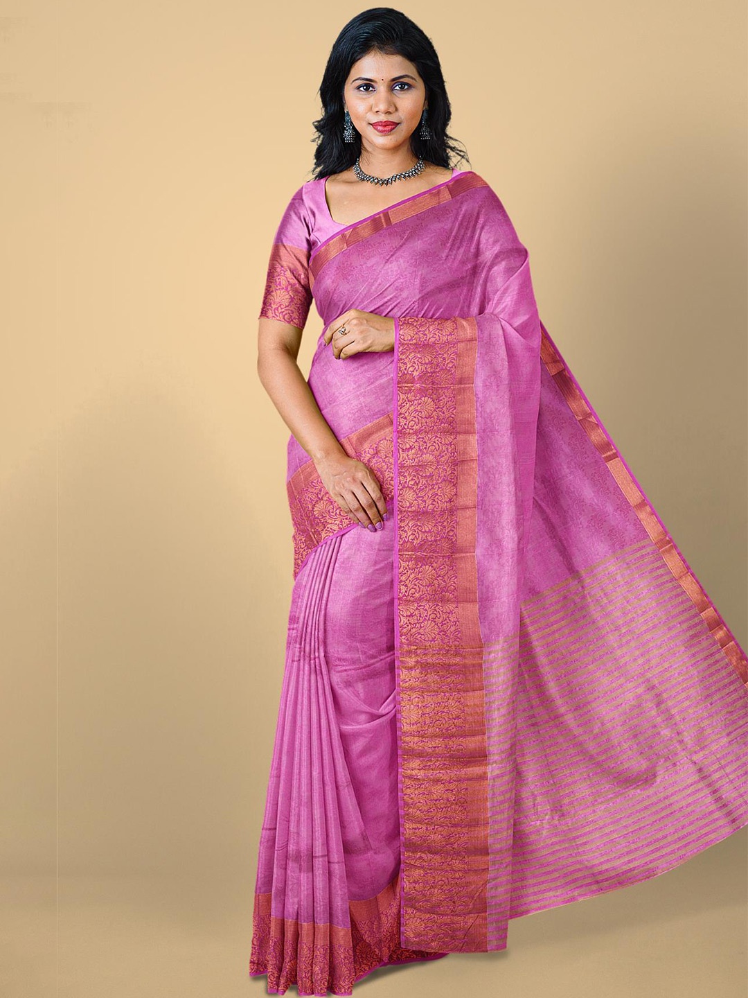 

Kalamandir Pink & Gold-Toned Floral Zari Silk Blend Saree