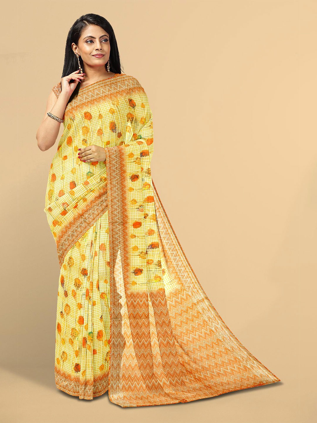 

Kalamandir Yellow & Orange Floral Zari Linen Blend Saree