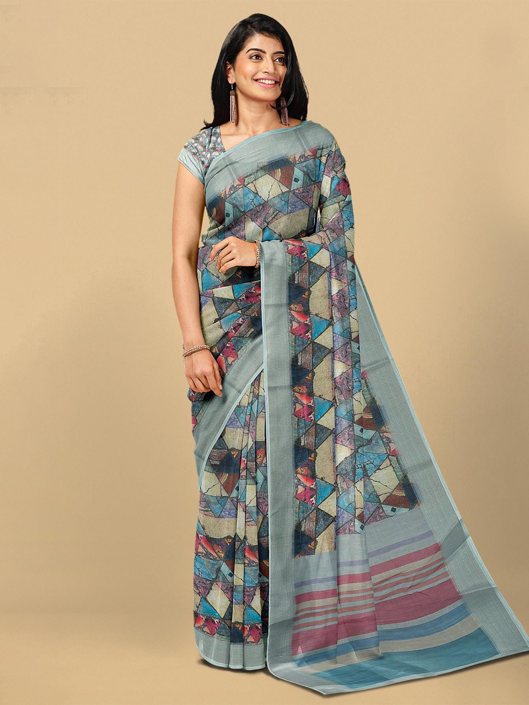 

Kalamandir Blue & Red Zari Linen Blend Saree