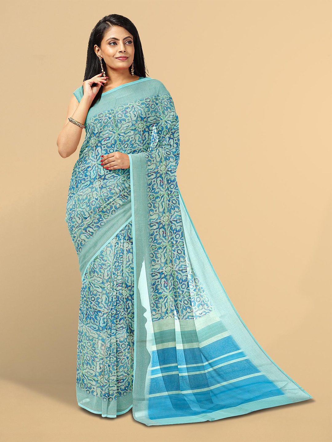 

Kalamandir Green & Blue Floral Zari Linen Blend Saree