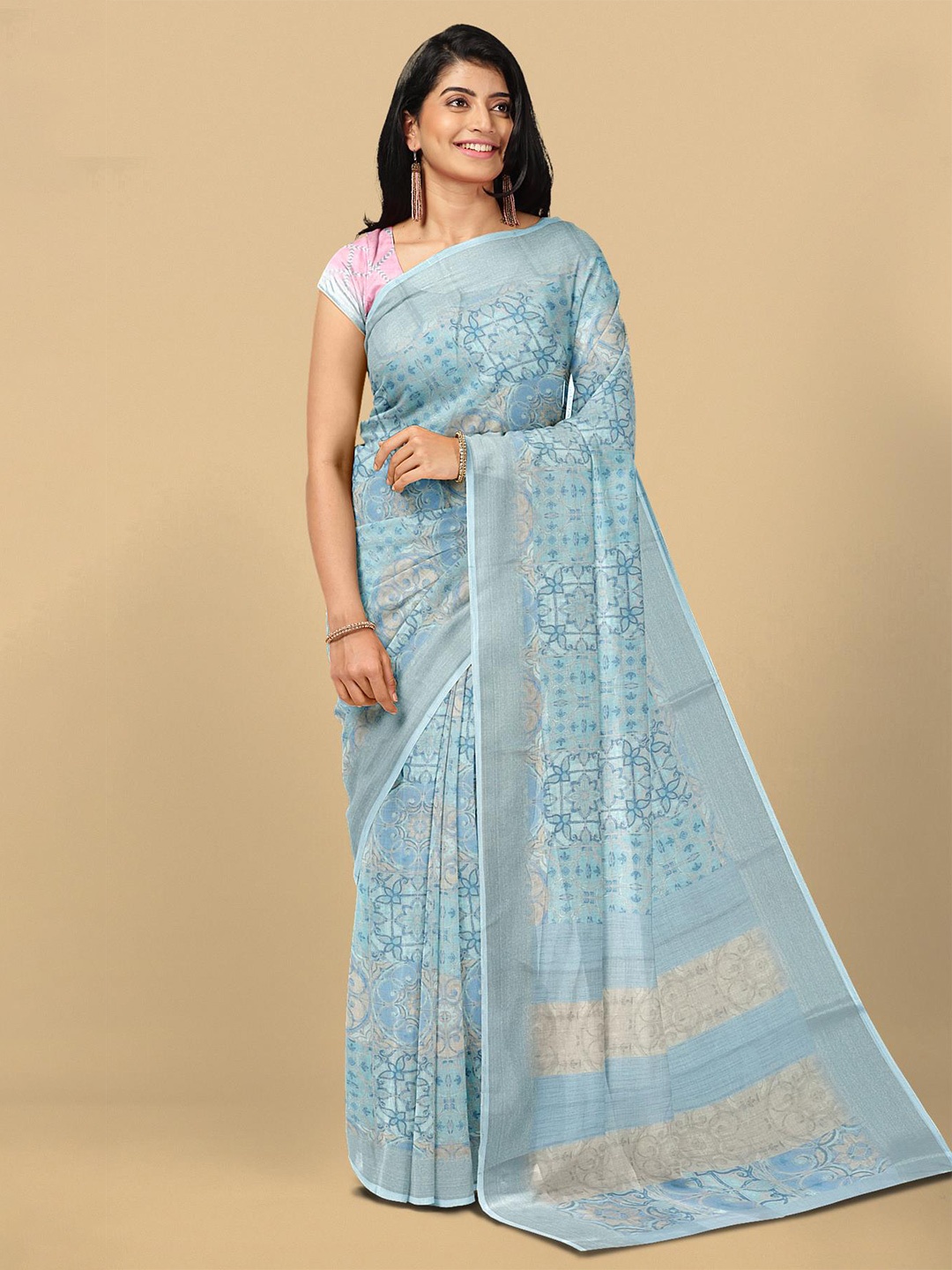 

Kalamandir Blue & Gold-Toned Zari Linen Blend Printed Saree