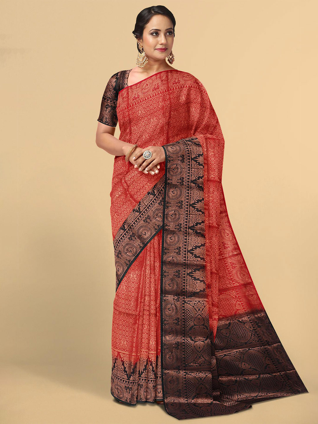 

Kalamandir Red & Blue Ethnic Motifs Zari Silk Blend Saree