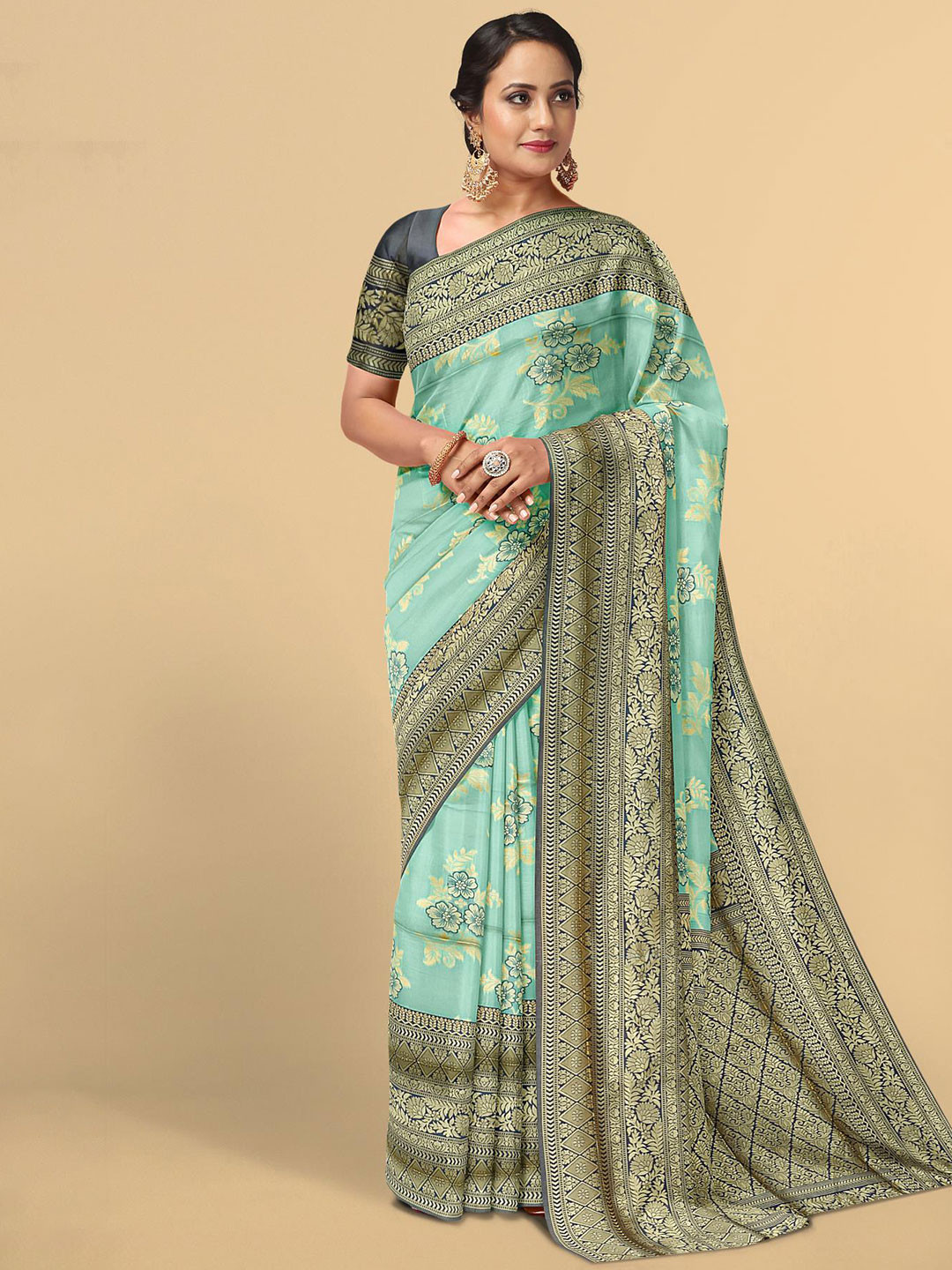 

Kalamandir Blue & Gold-Toned Floral Zari Silk Blend Saree