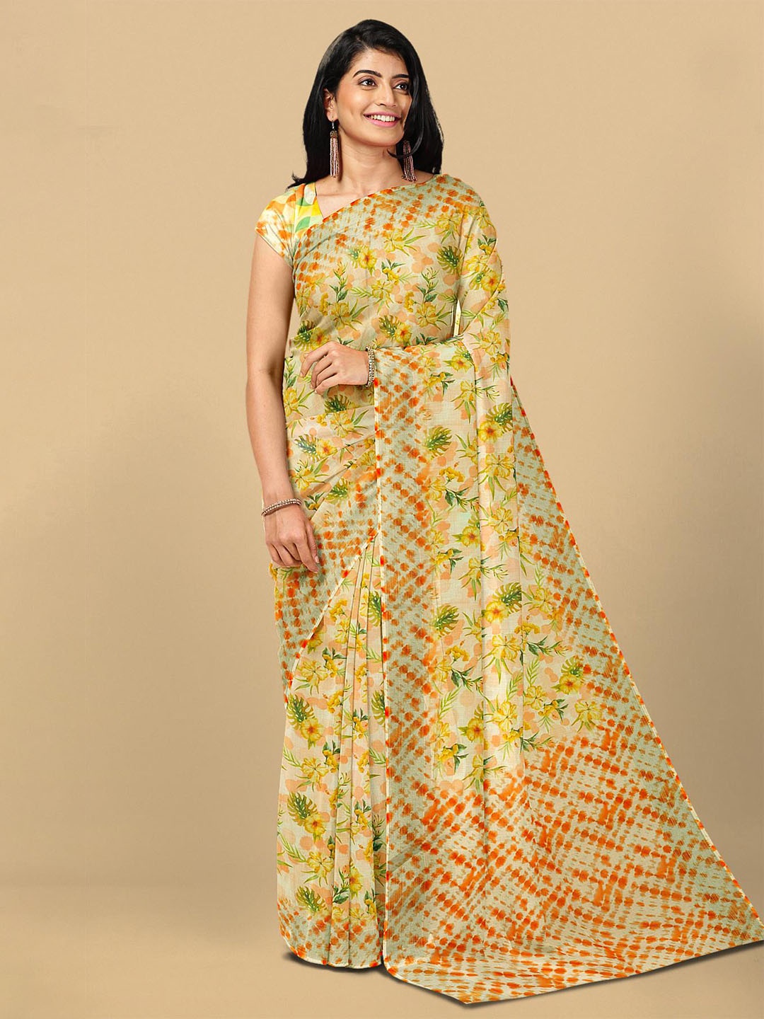 

Kalamandir Yellow & Green Floral Linen Blend Saree