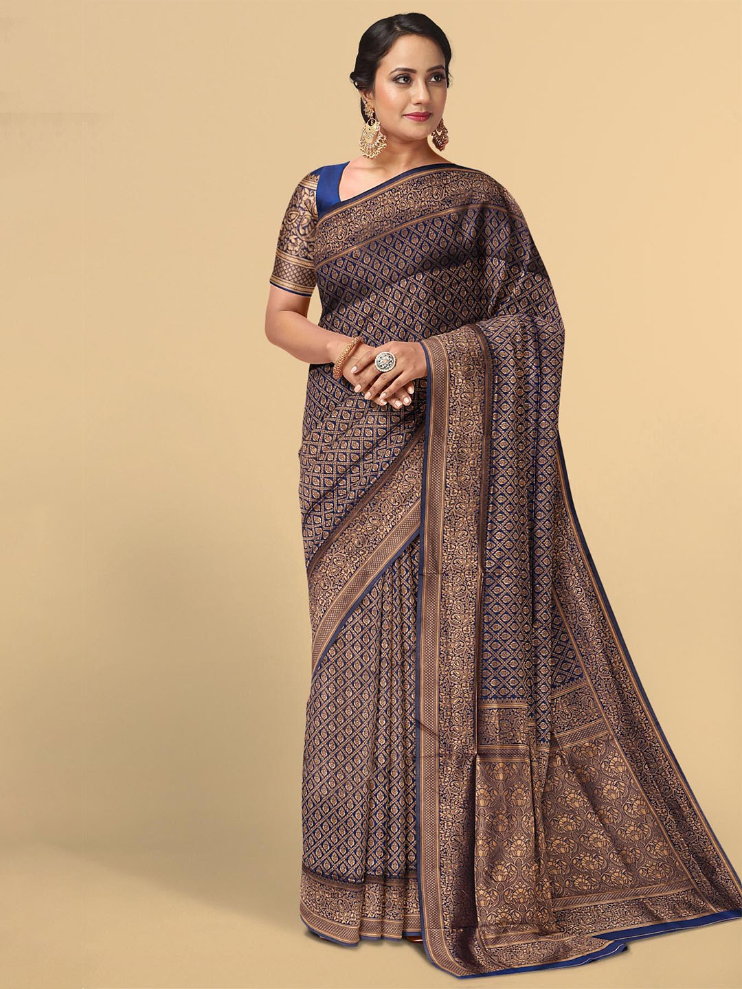 

Kalamandir Navy Blue & Gold-Toned Ethnic Motifs Silk Blend Saree