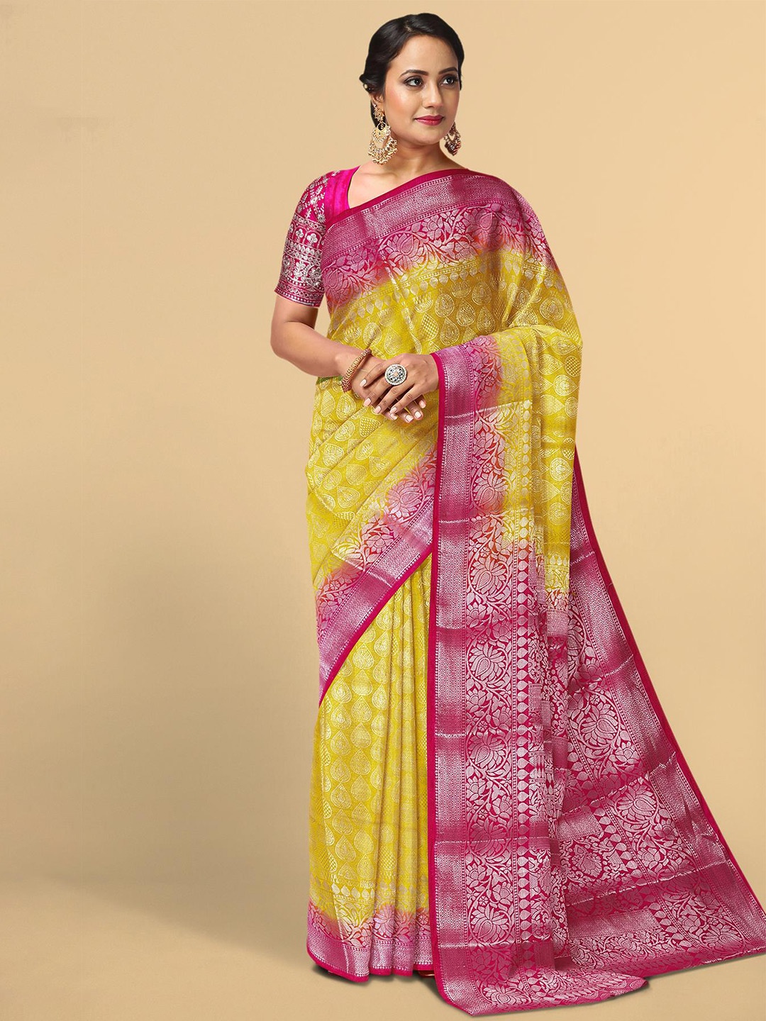 

Kalamandir Yellow & Red Ethnic Motifs Zari Silk Blend Saree
