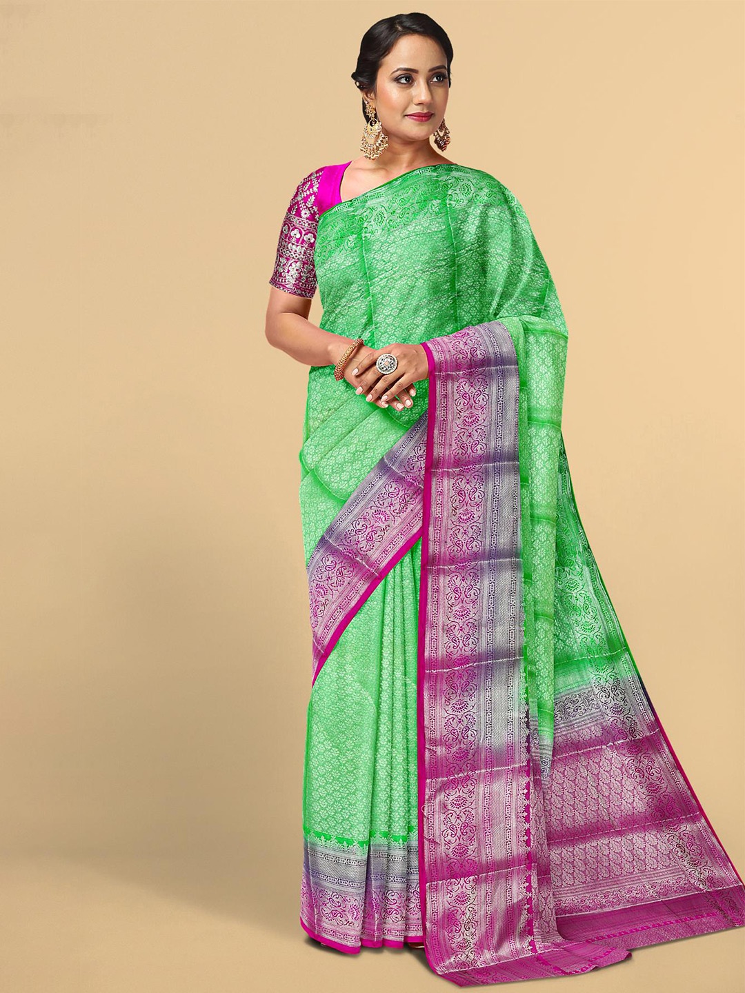 

Kalamandir Green & Magenta Floral Zari Silk Blend Saree