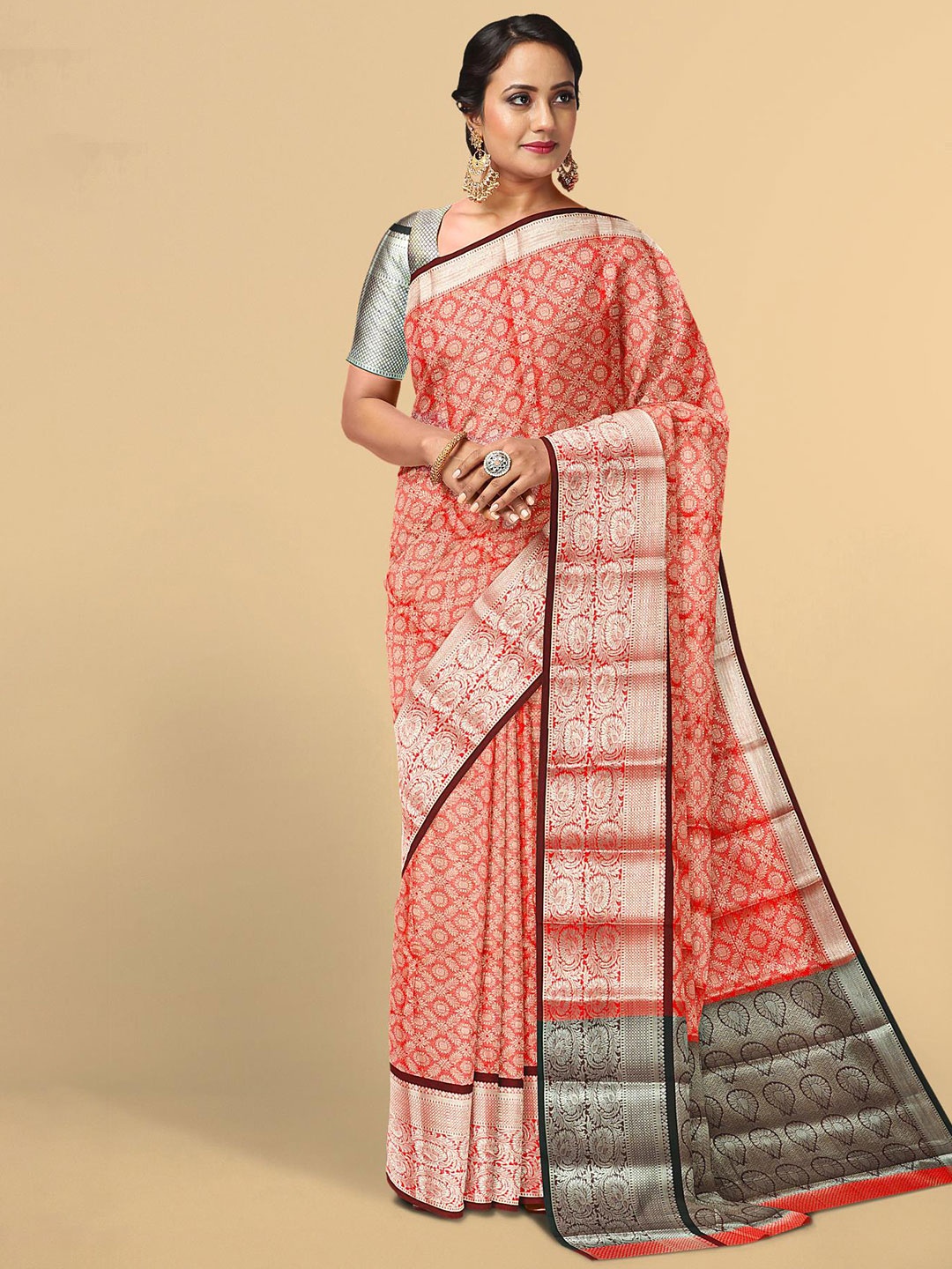 

Kalamandir Peach-Coloured & Black Ethnic Motifs Zari Silk Blend Saree