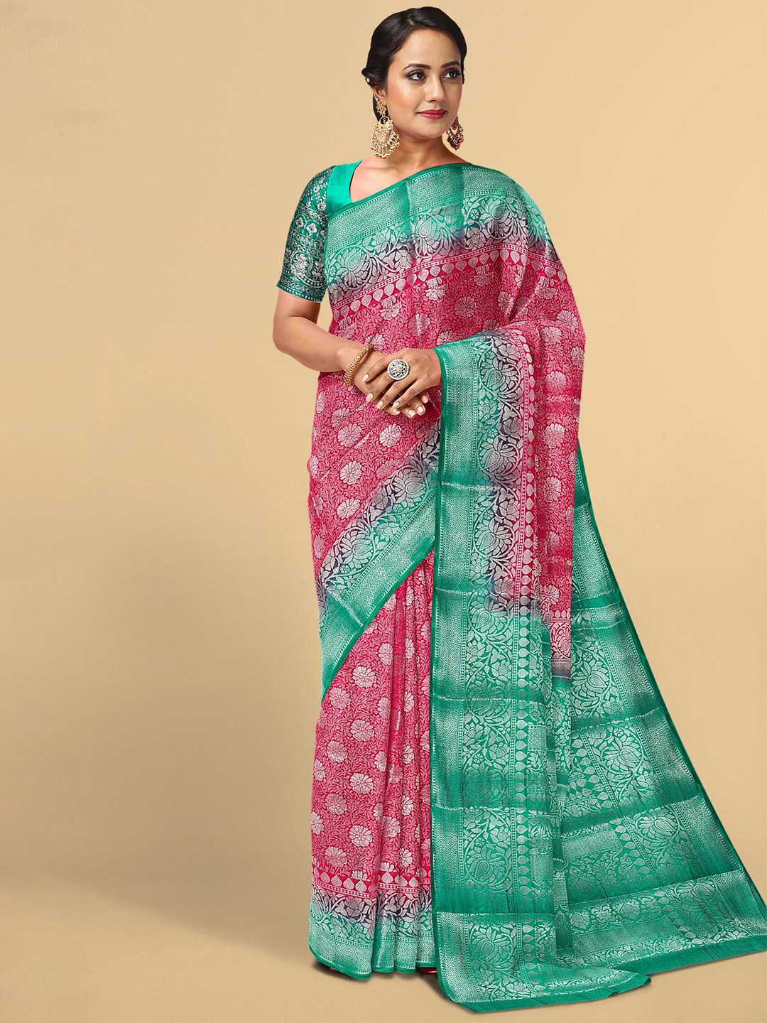 

Kalamandir Red & Green Floral Zari Silk Blend Saree