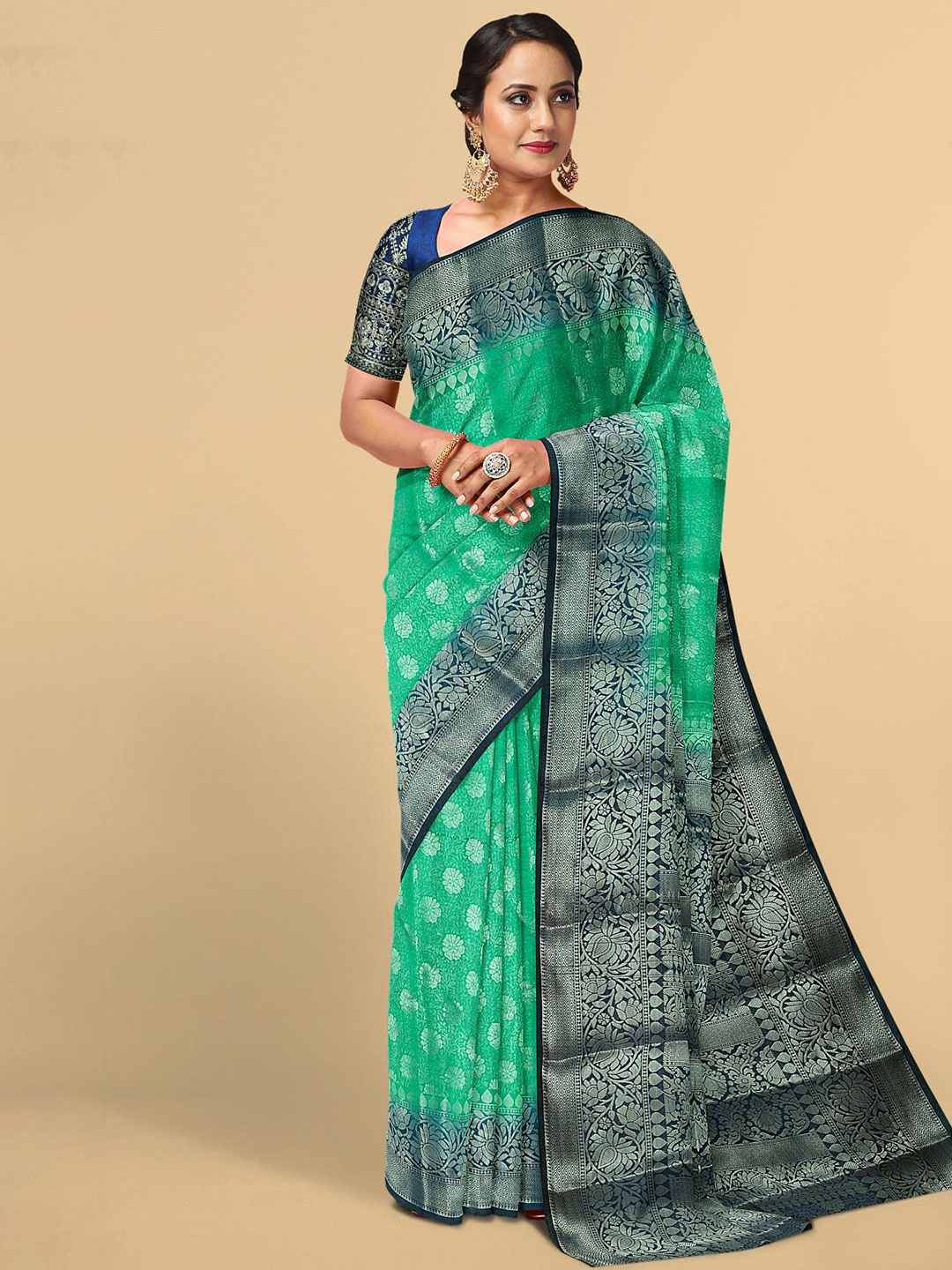 

Kalamandir Teal & Silver-Toned Floral Zari Silk Blend Saree