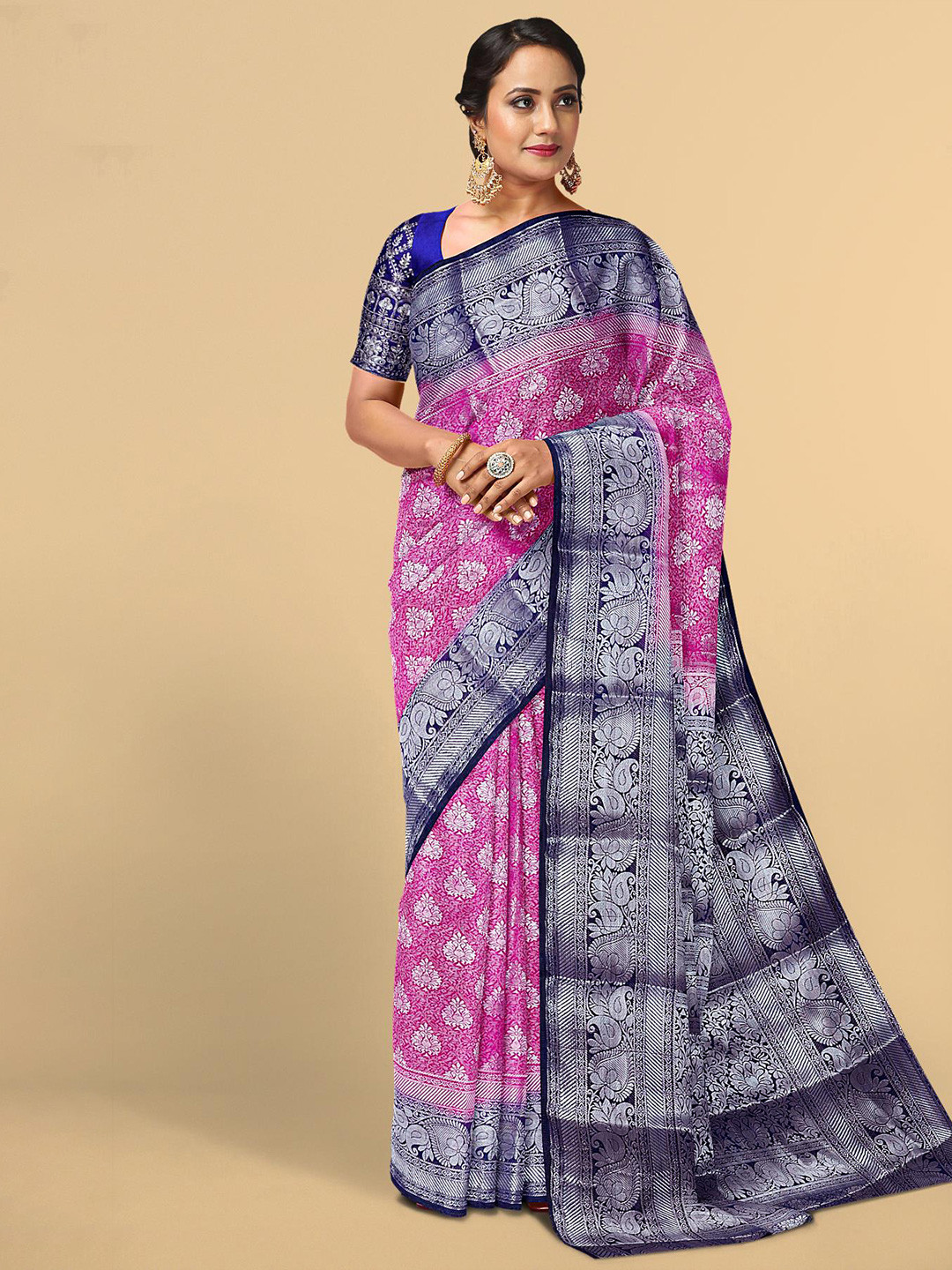 

Kalamandir Pink & Navy Blue Ethnic Motifs Zari Silk Blend Saree