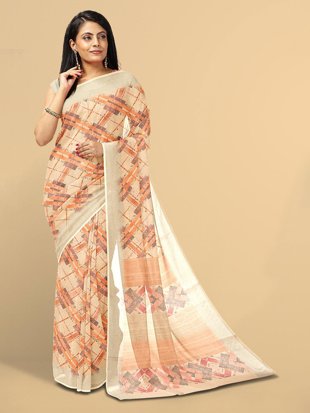 

Kalamandir Cream-Coloured & Orange Linen Blend Saree