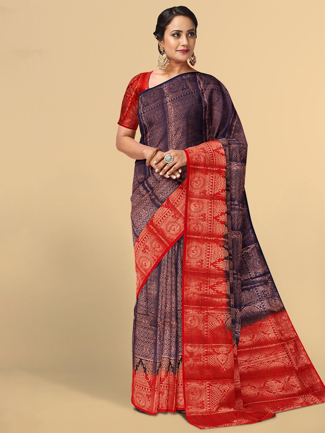 

Kalamandir Navy Blue & Red Ethnic Motifs Zari Silk Blend Saree