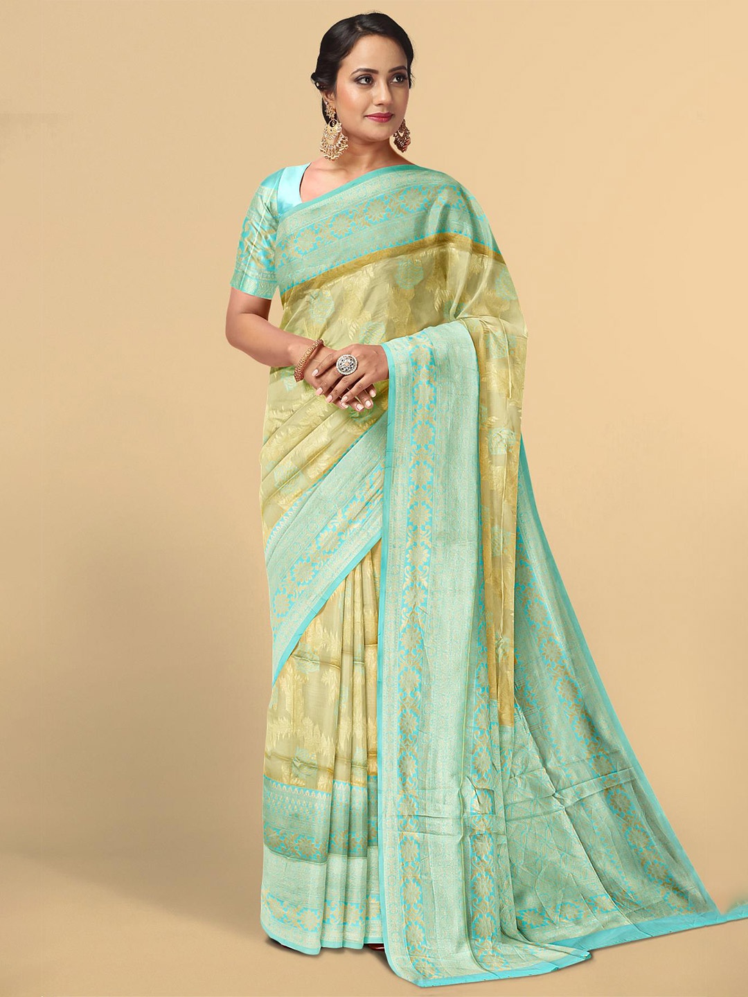 

Kalamandir Green & Gold-Toned Floral Zari Silk Blend Saree