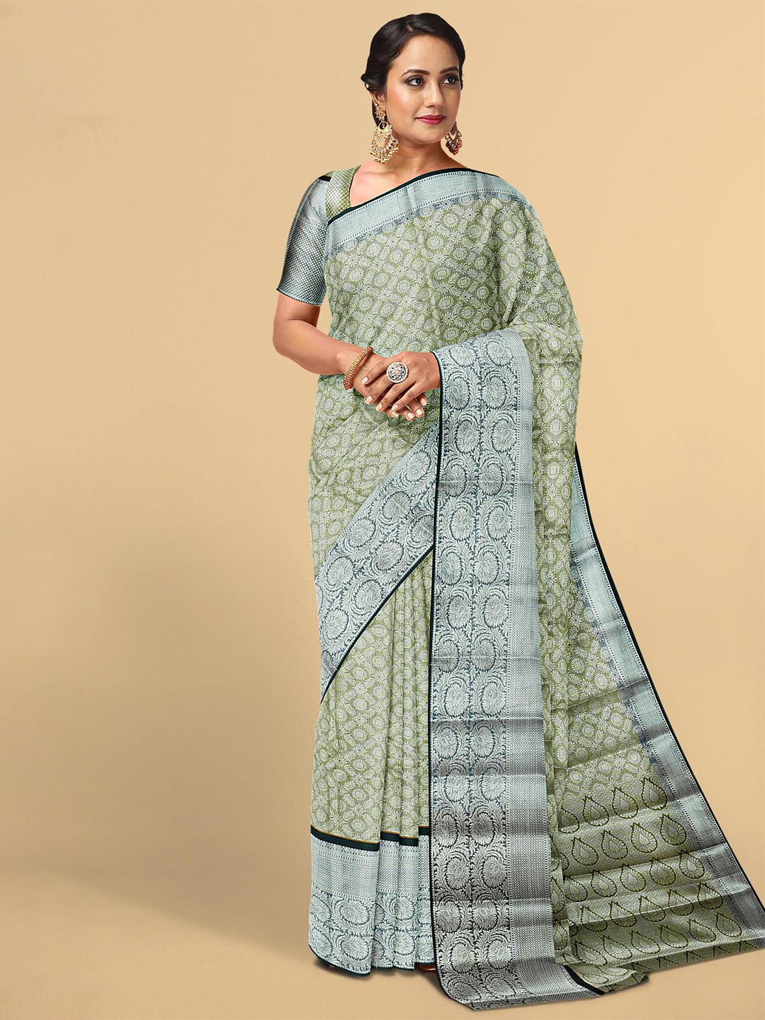 

Kalamandir Olive Green & Silver-Toned Floral Zari Silk Blend Saree