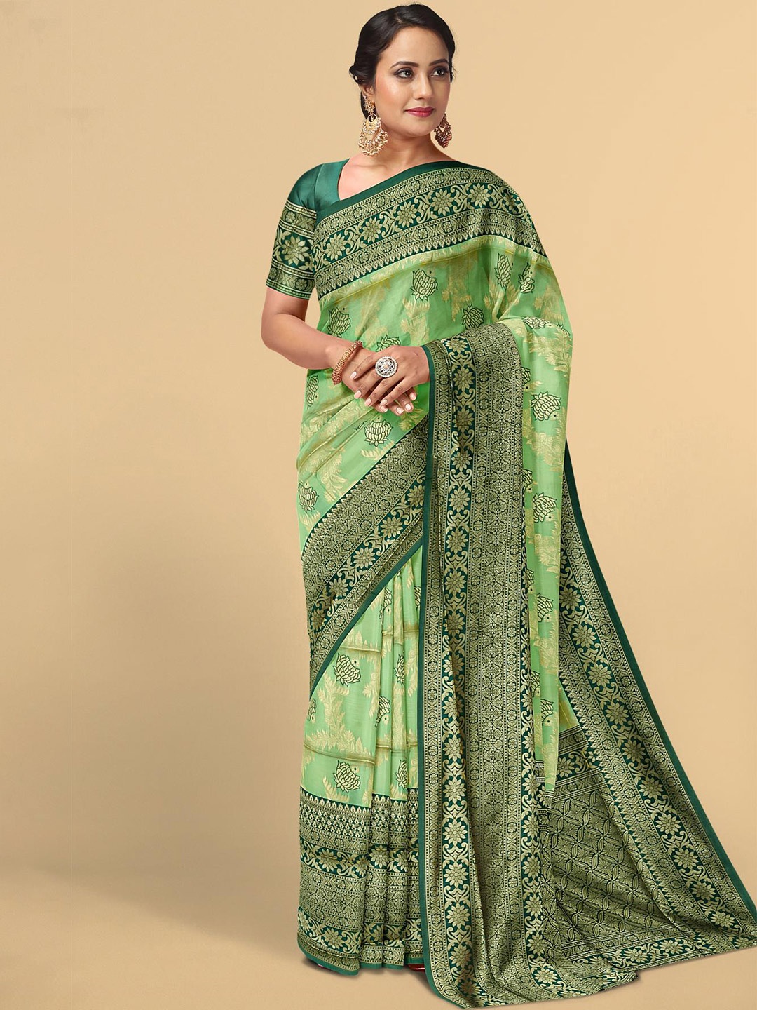 

Kalamandir Green & Gold-Toned Floral Zari Silk Blend Saree