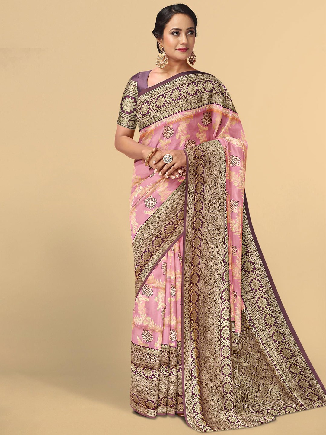 

Kalamandir Pink & Gold-Toned Floral Zari Silk Blend Saree
