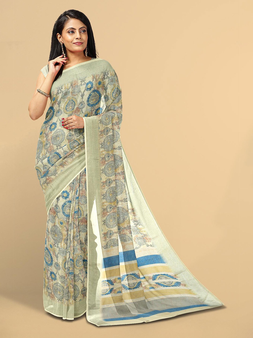 

Kalamandir Cream-Coloured & Blue Ethnic Motifs Linen Blend Saree