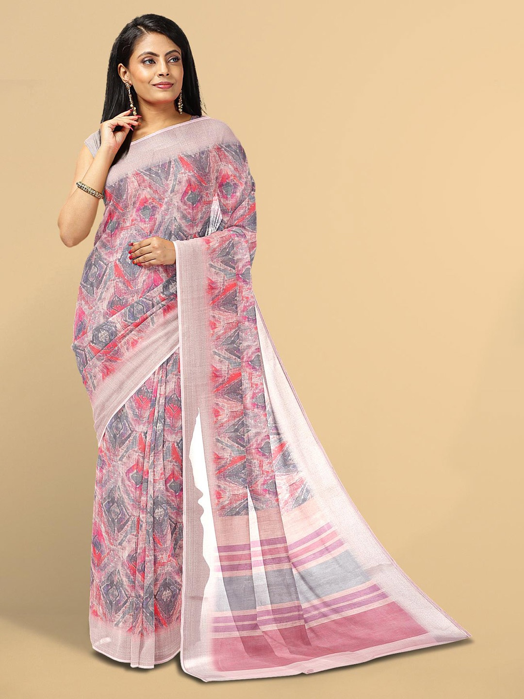 

Kalamandir Pink & Grey Abstract Zari Linen Blend Saree