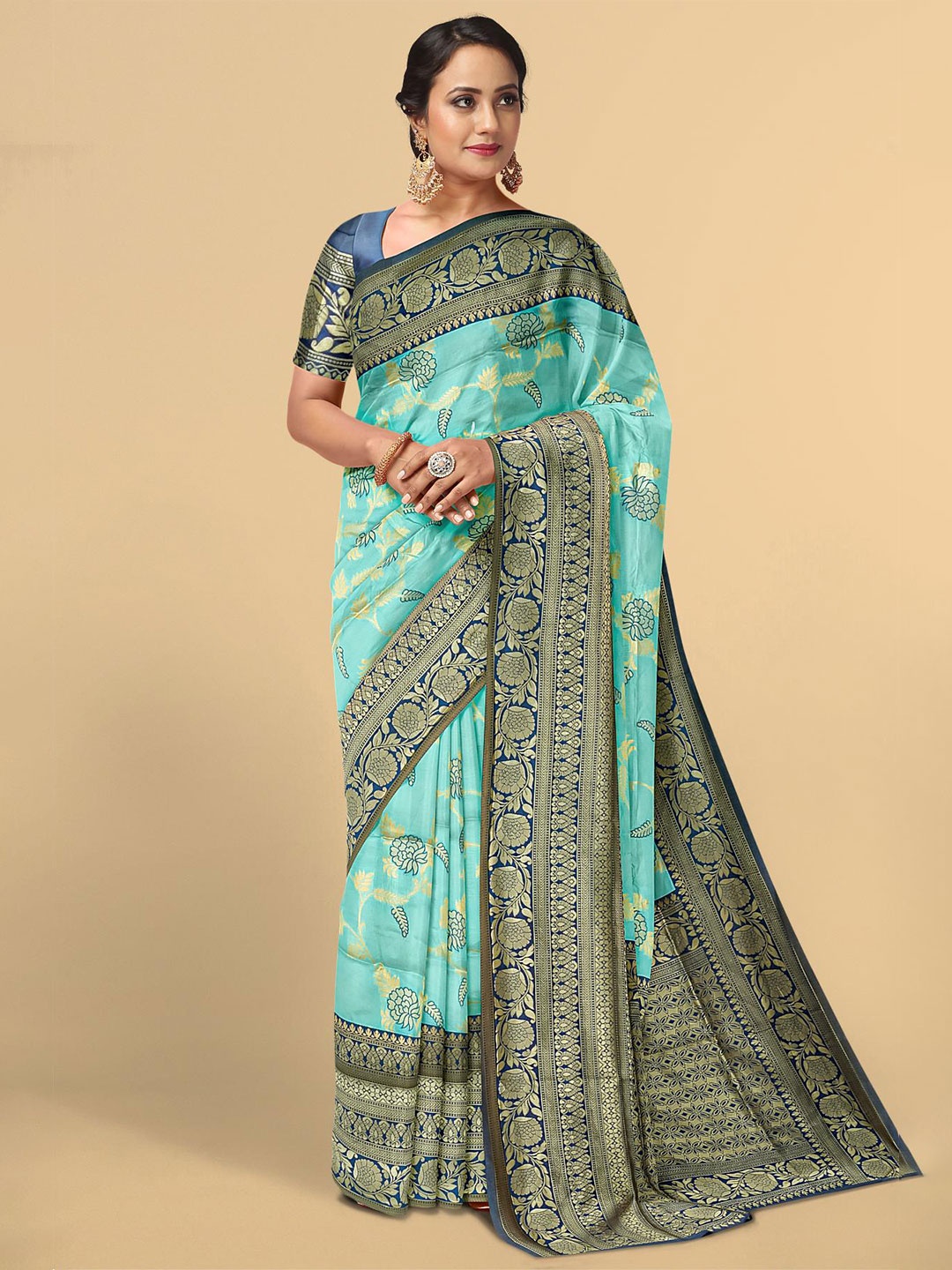 

Kalamandir Blue & Sea Green Floral Zari Silk Blend Saree