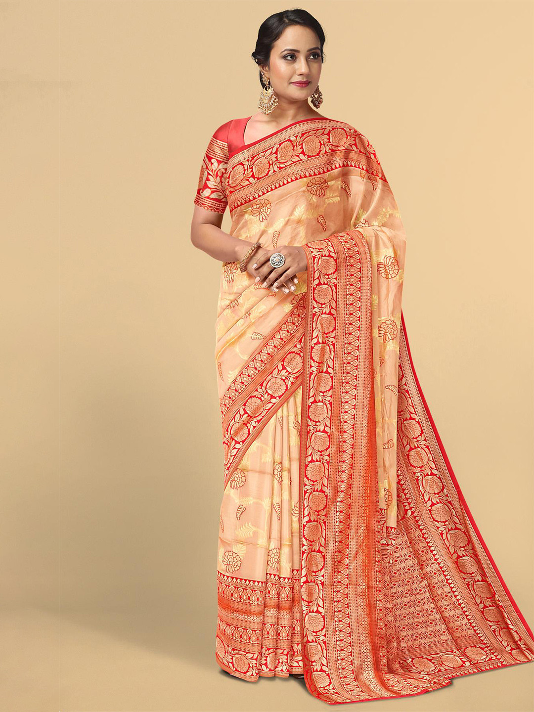 

Kalamandir Orange & Cream-Coloured Floral Zari Silk Blend Saree
