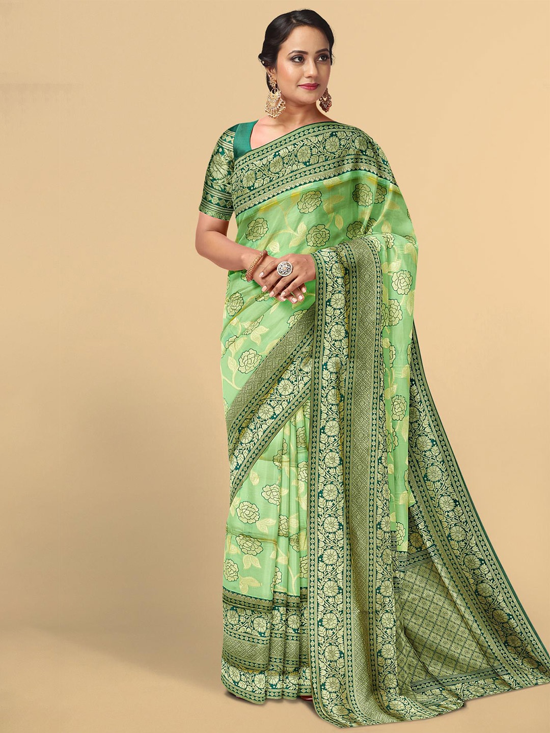 

Kalamandir Green & Gold-Toned Floral Zari Silk Blend Saree