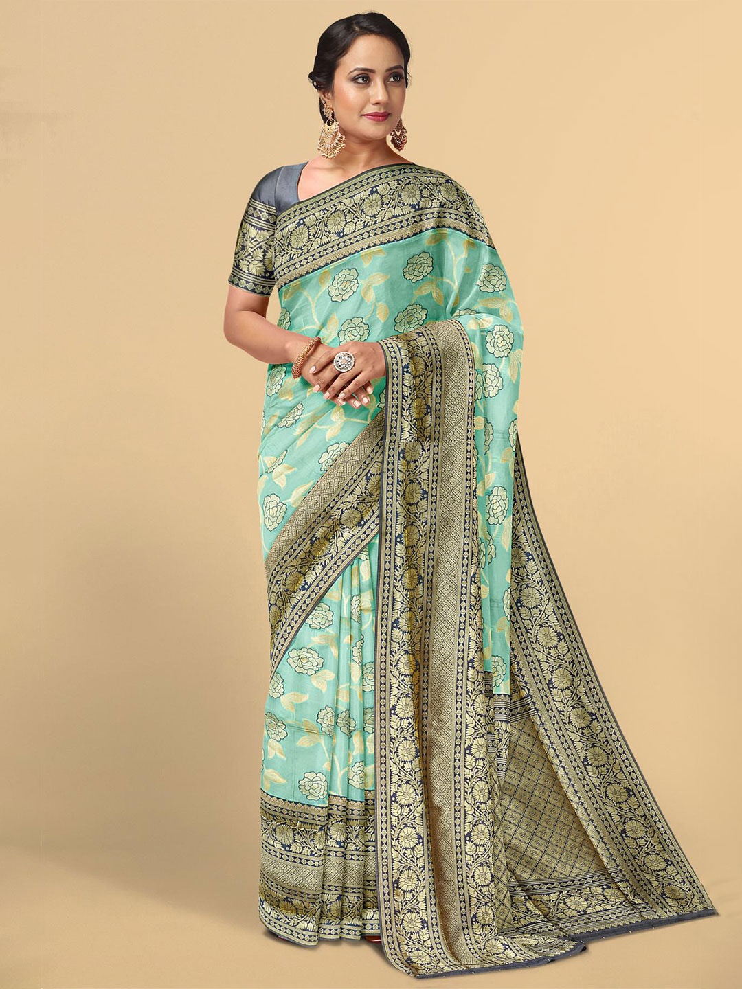 

Kalamandir Blue & Sea Green Floral Zari Silk Blend Saree