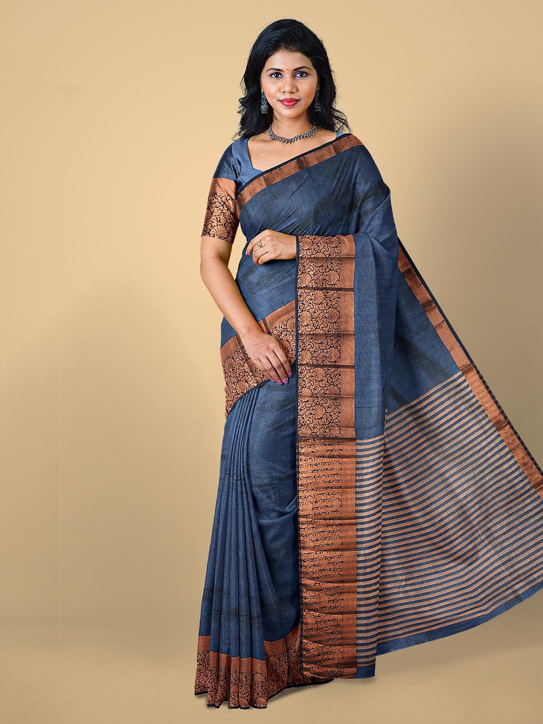 

Kalamandir Navy Blue & Gold-Toned Floral Zari Silk Blend Saree