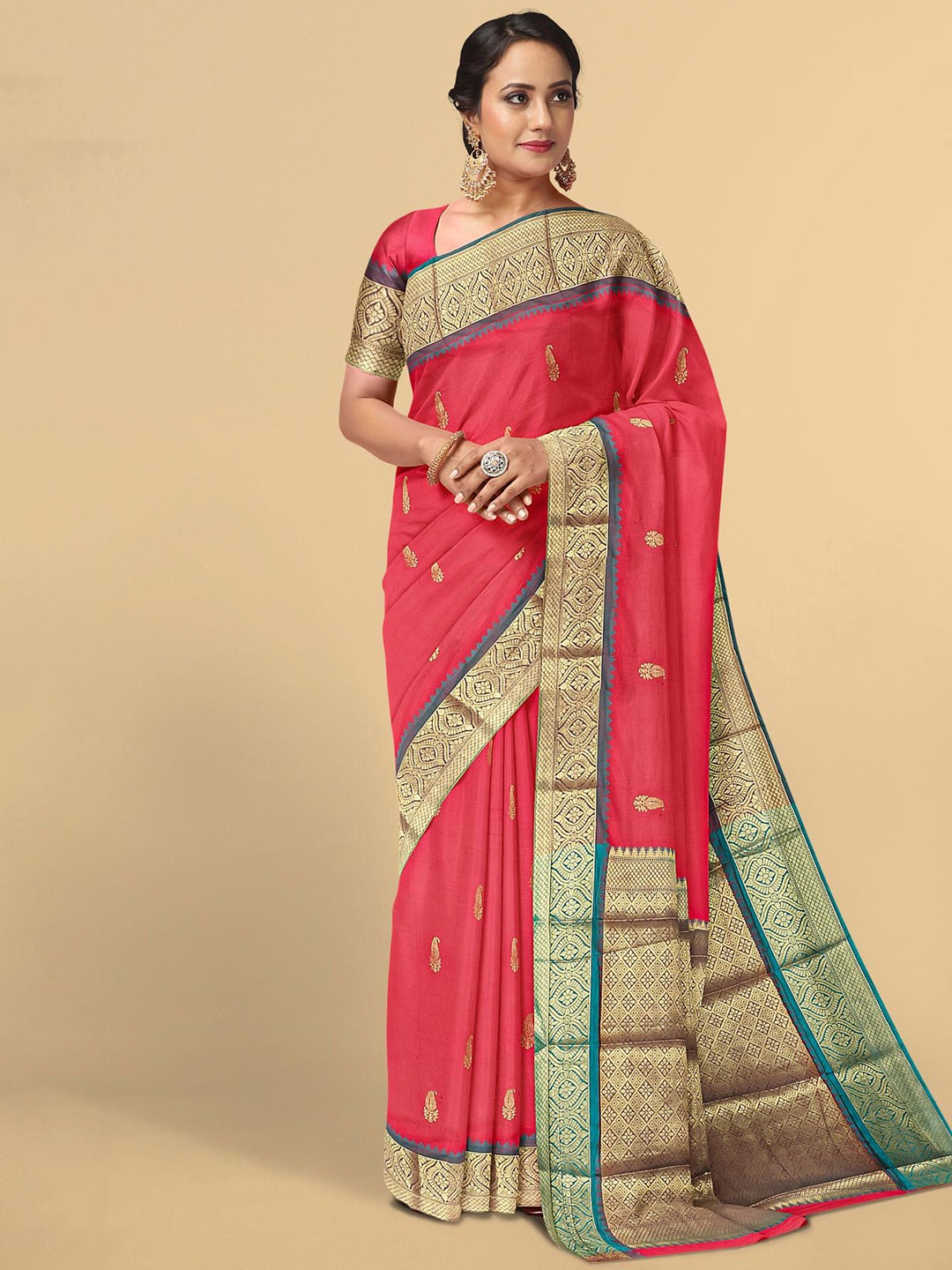 

Kalamandir Red & Gold-Toned Pashmina Paisley Zari Saree