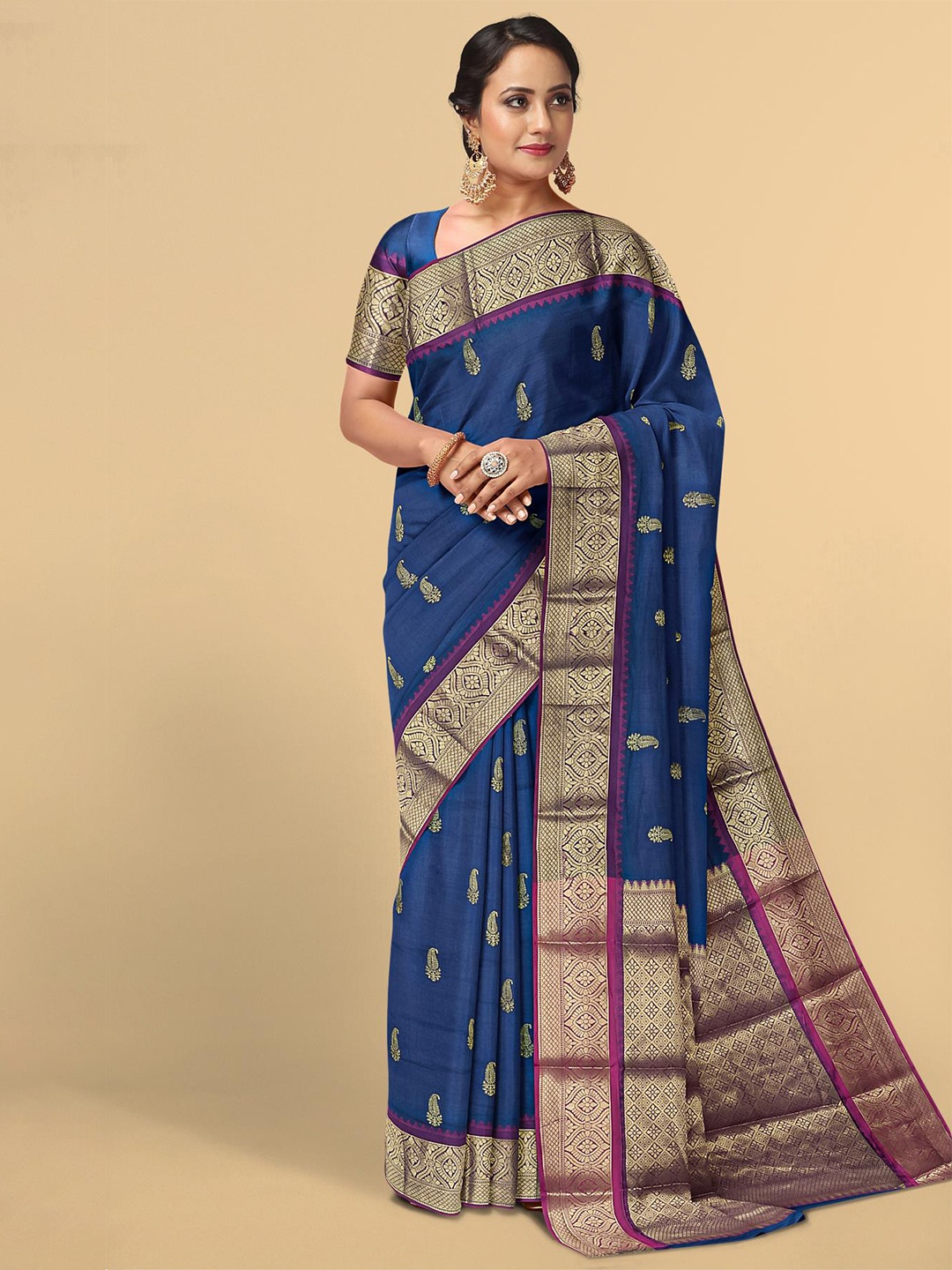 

Kalamandir Blue & Gold-Toned Paisley Zari Saree