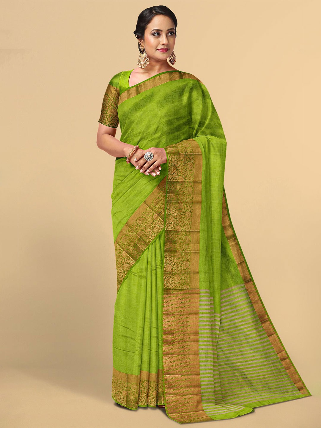 

Kalamandir Olive Green & Gold-Toned Floral Zari Silk Blend Saree