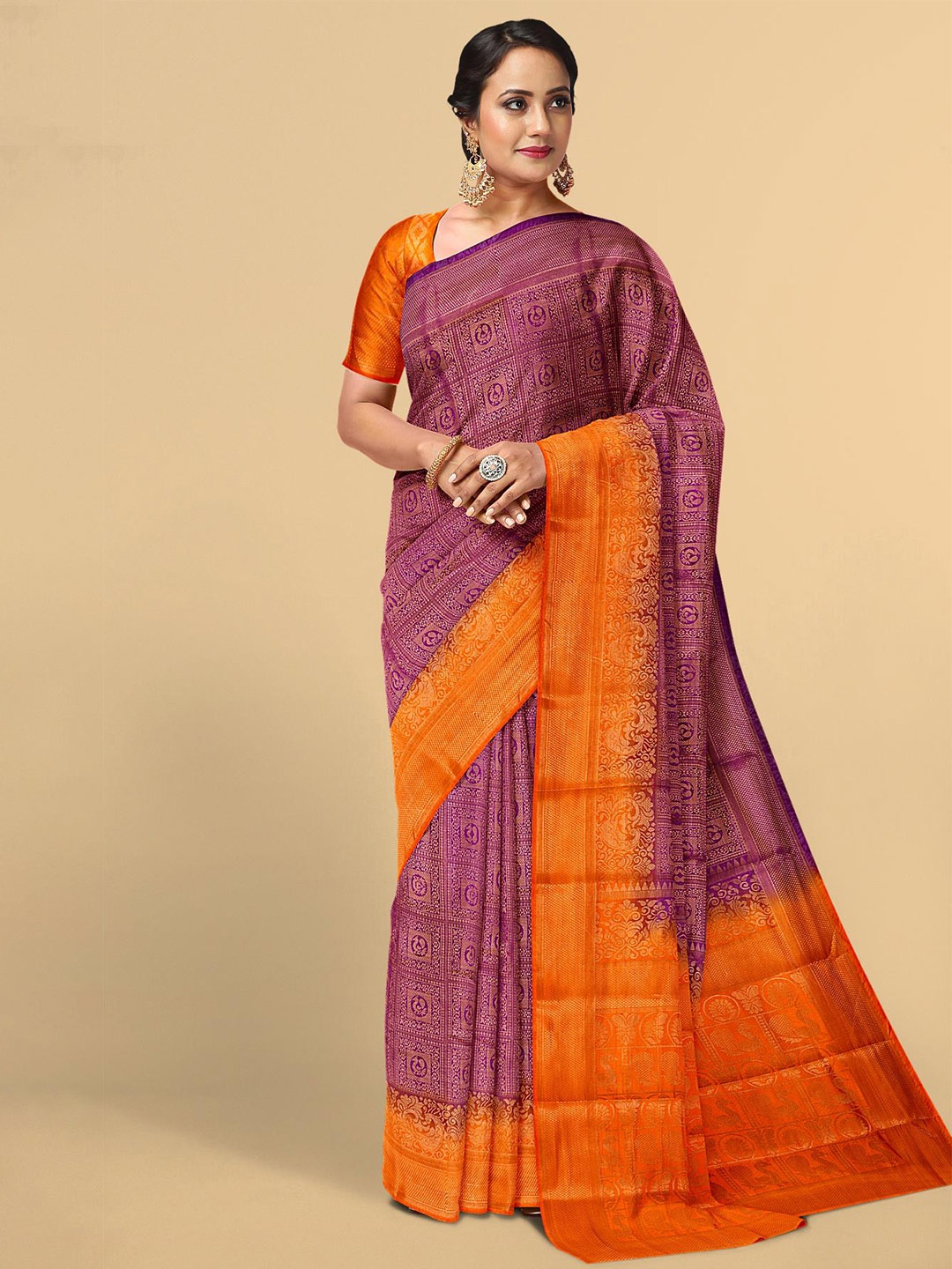 

Kalamandir Purple & Orange Floral Zari Silk Blend Saree