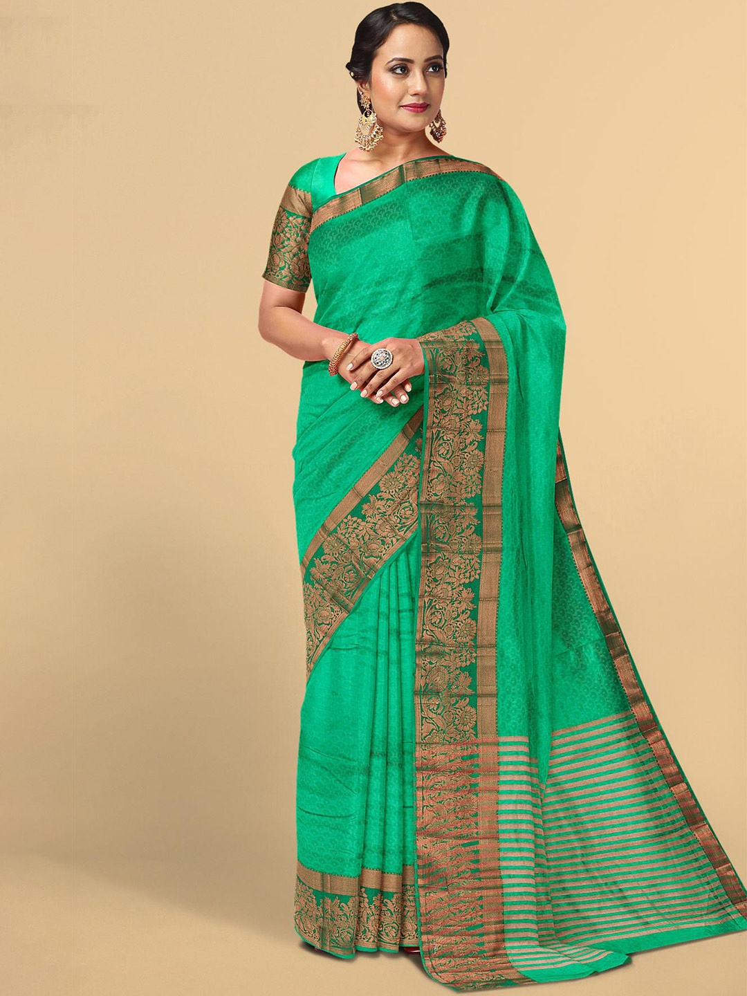 

Kalamandir Green & Gold-Toned Woven Design Zari Silk Blend Saree