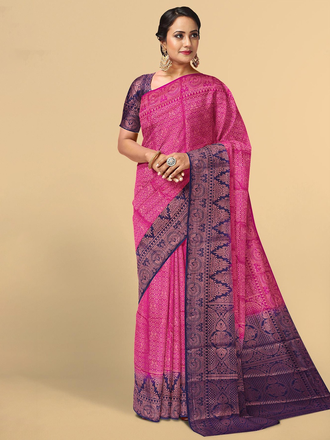 

Kalamandir Pink & Blue Floral Zari Silk Blend Saree