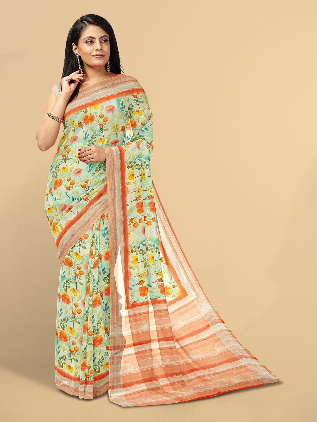 

Kalamandir Blue & Orange Floral Linen Blend Saree