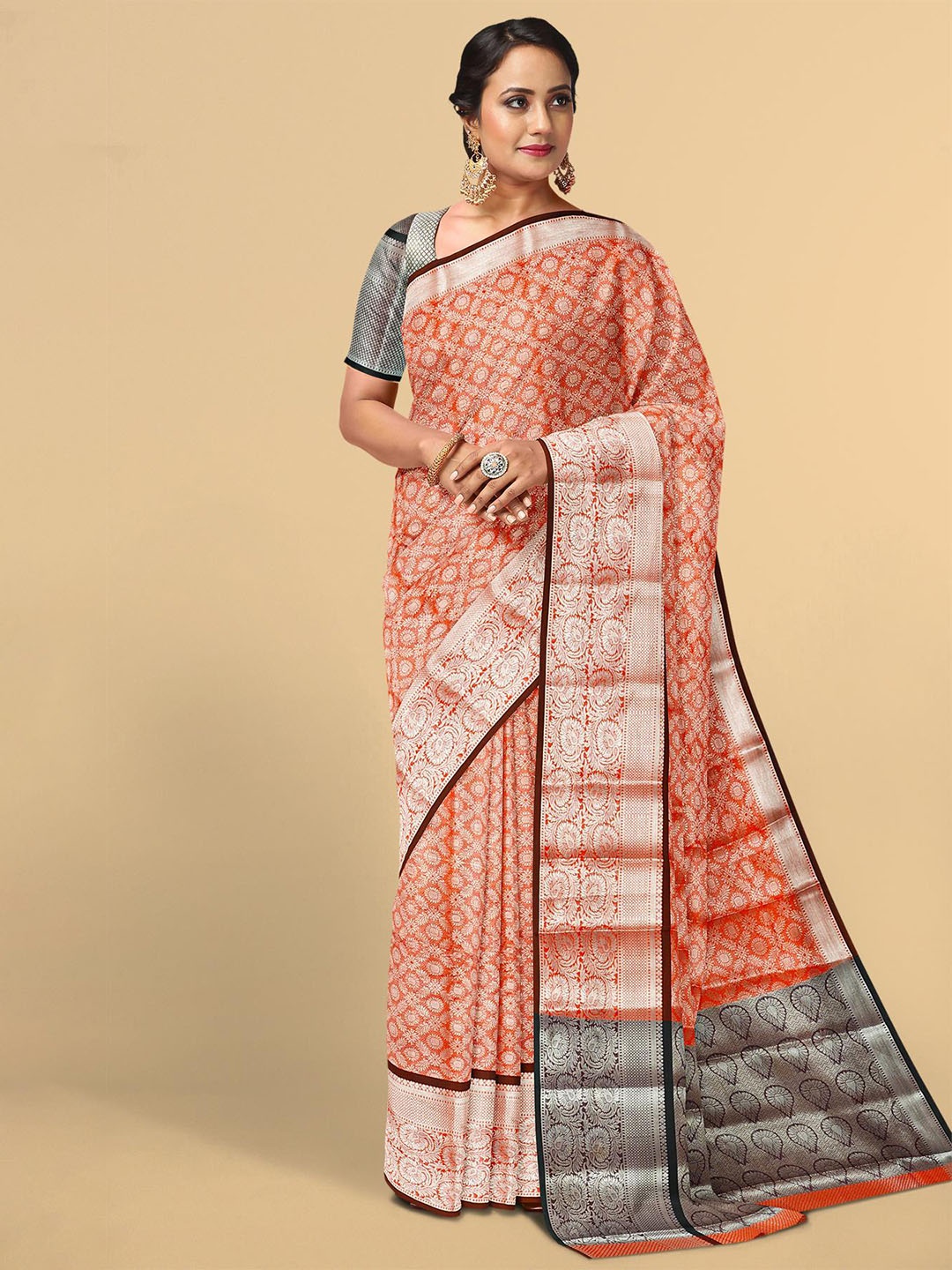 

Kalamandir Orange & Black Floral Zari Silk Blend Saree