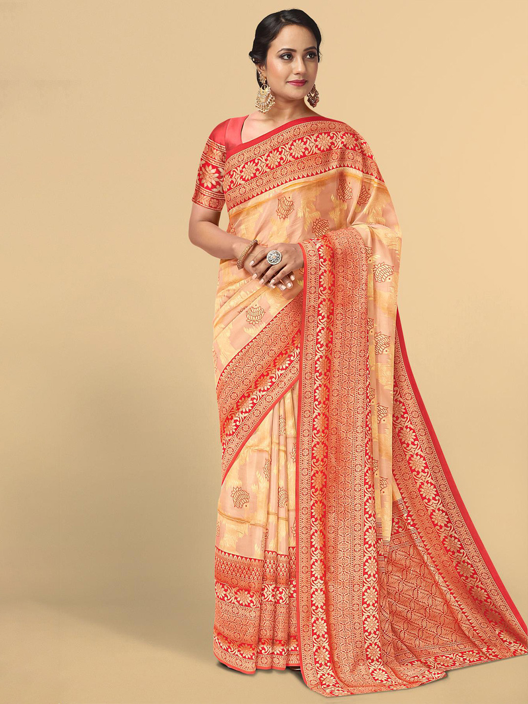

Kalamandir Orange & Gold-Toned Floral Zari Silk Blend Saree