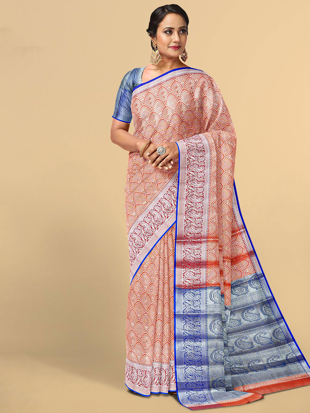 

Kalamandir Orange & Blue Woven Design Zari Silk Blend Saree