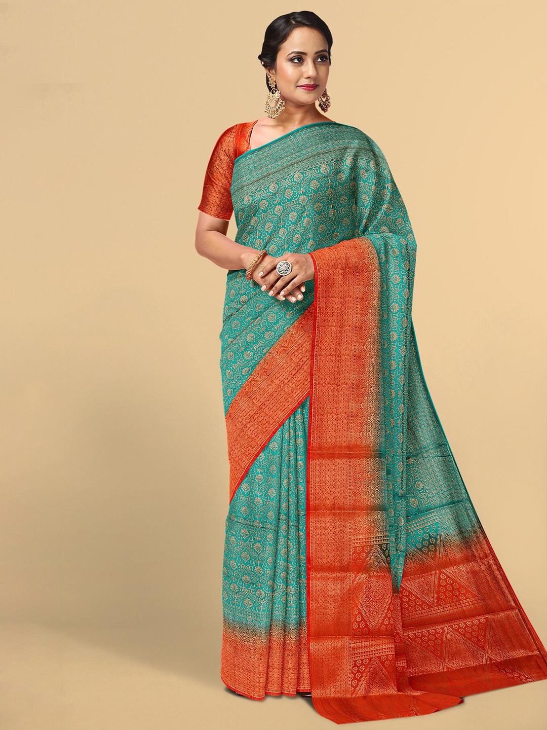 

Kalamandir Teal & Red Woven Design Zari Silk Blend Saree