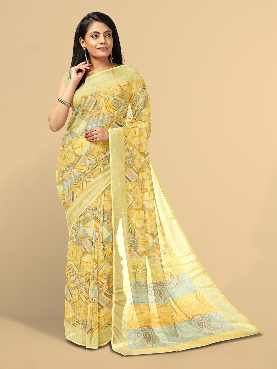 

Kalamandir Yellow & Grey Zari Linen Blend Saree