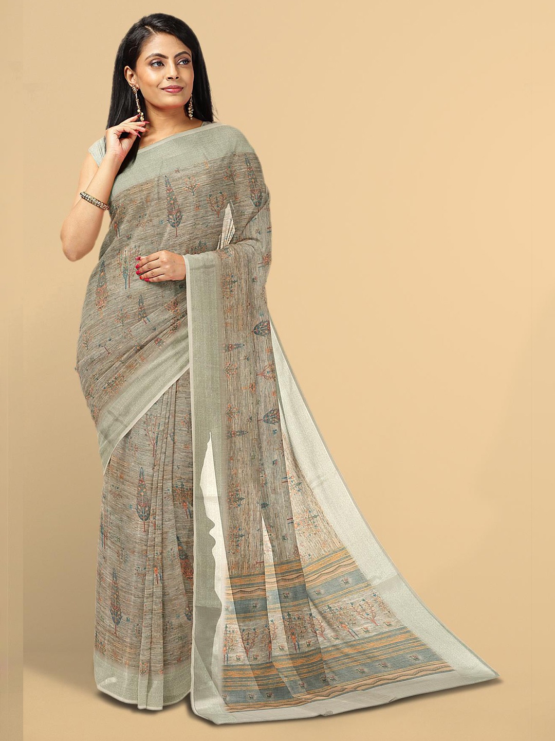 

Kalamandir Grey & Brown Floral Zari Linen Blend Saree