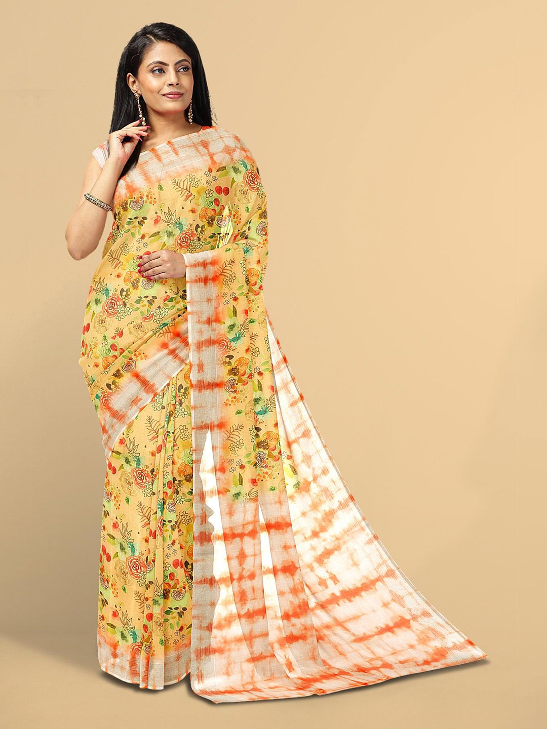 

Kalamandir Orange & Yellow Floral Linen Blend Saree