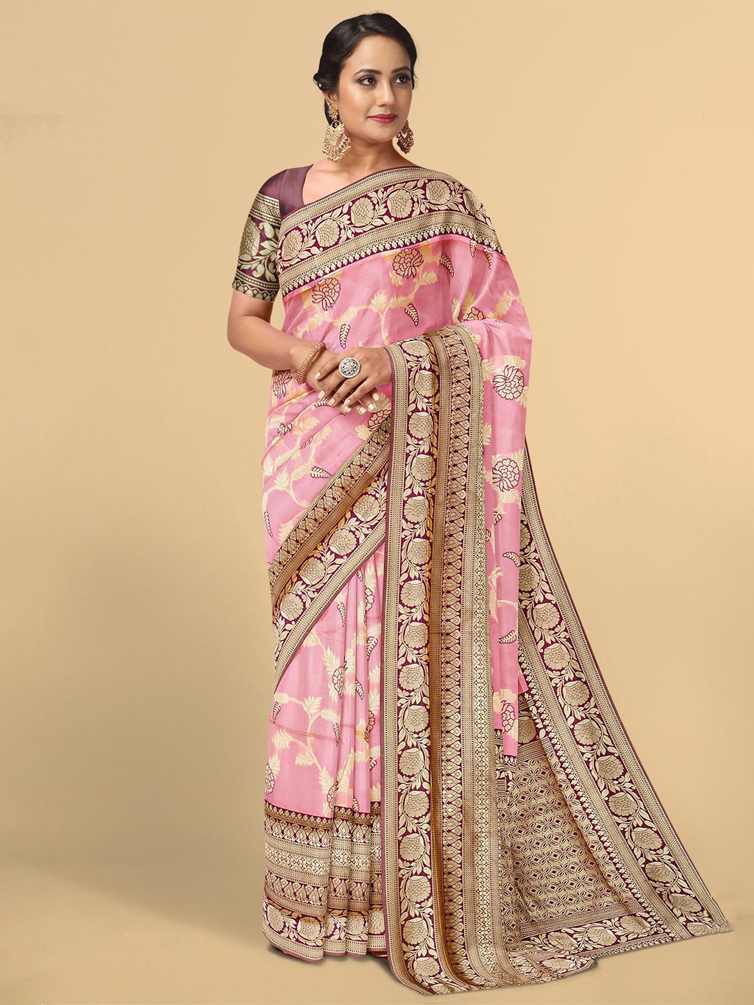 

Kalamandir Pink & Burgundy Floral Zari Silk Blend Saree