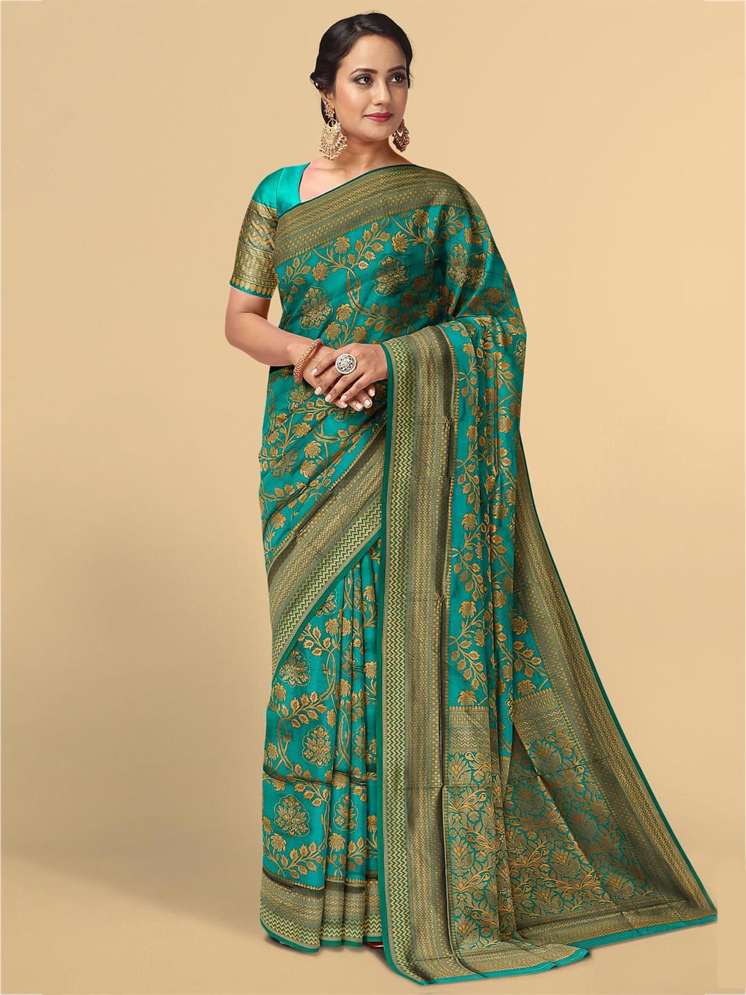 

Kalamandir Teal & Gold-Toned Floral Zari Silk Blend Saree