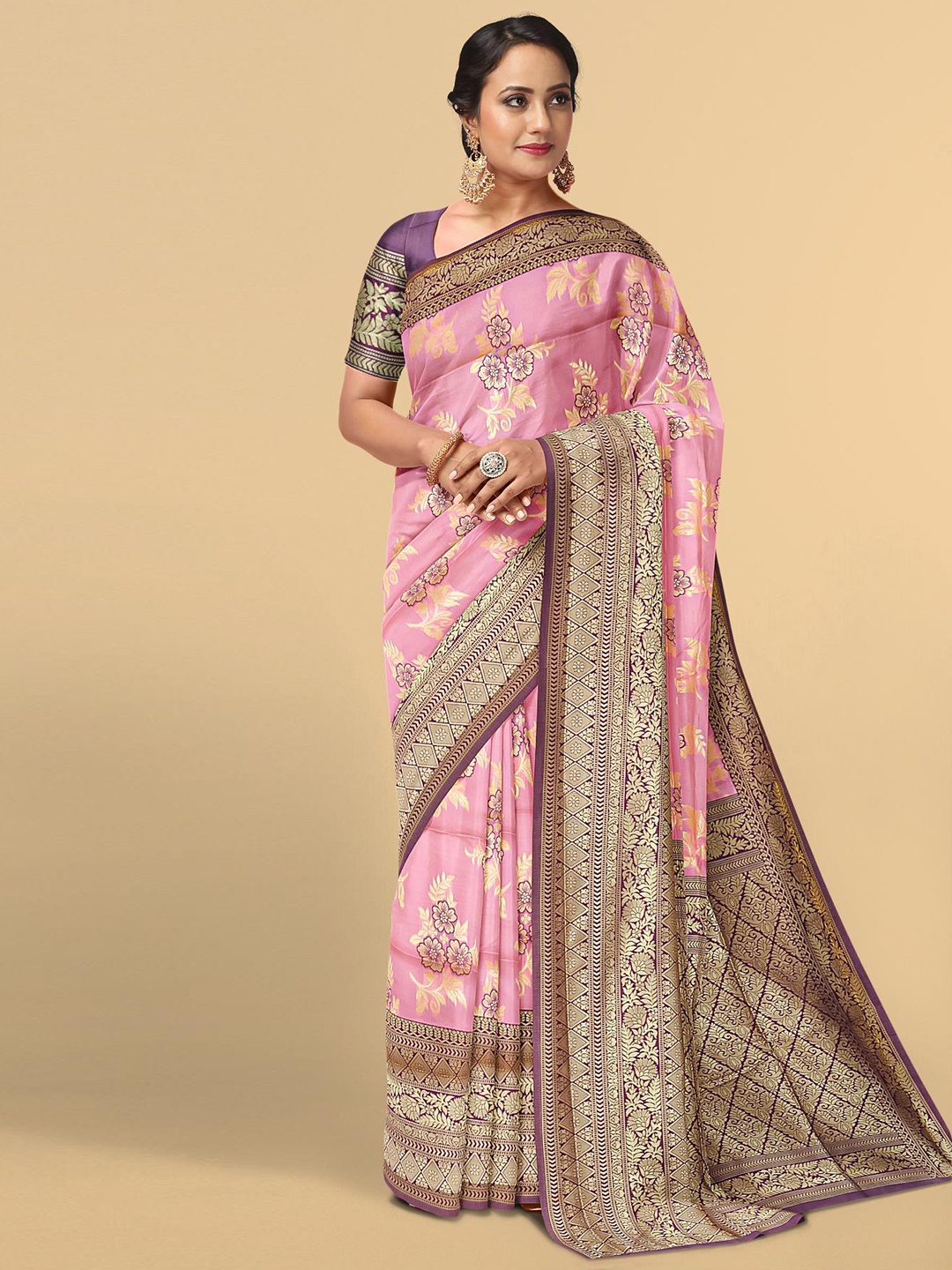 

Kalamandir Pink & Gold-Toned Floral Zari Silk Blend Saree