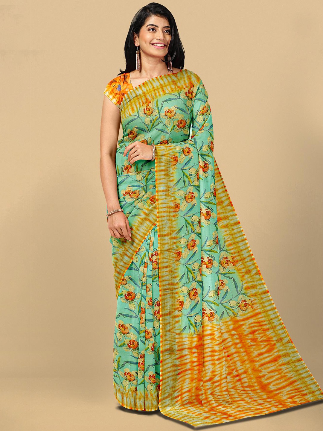 

Kalamandir Blue & Orange Floral Linen Blend Saree
