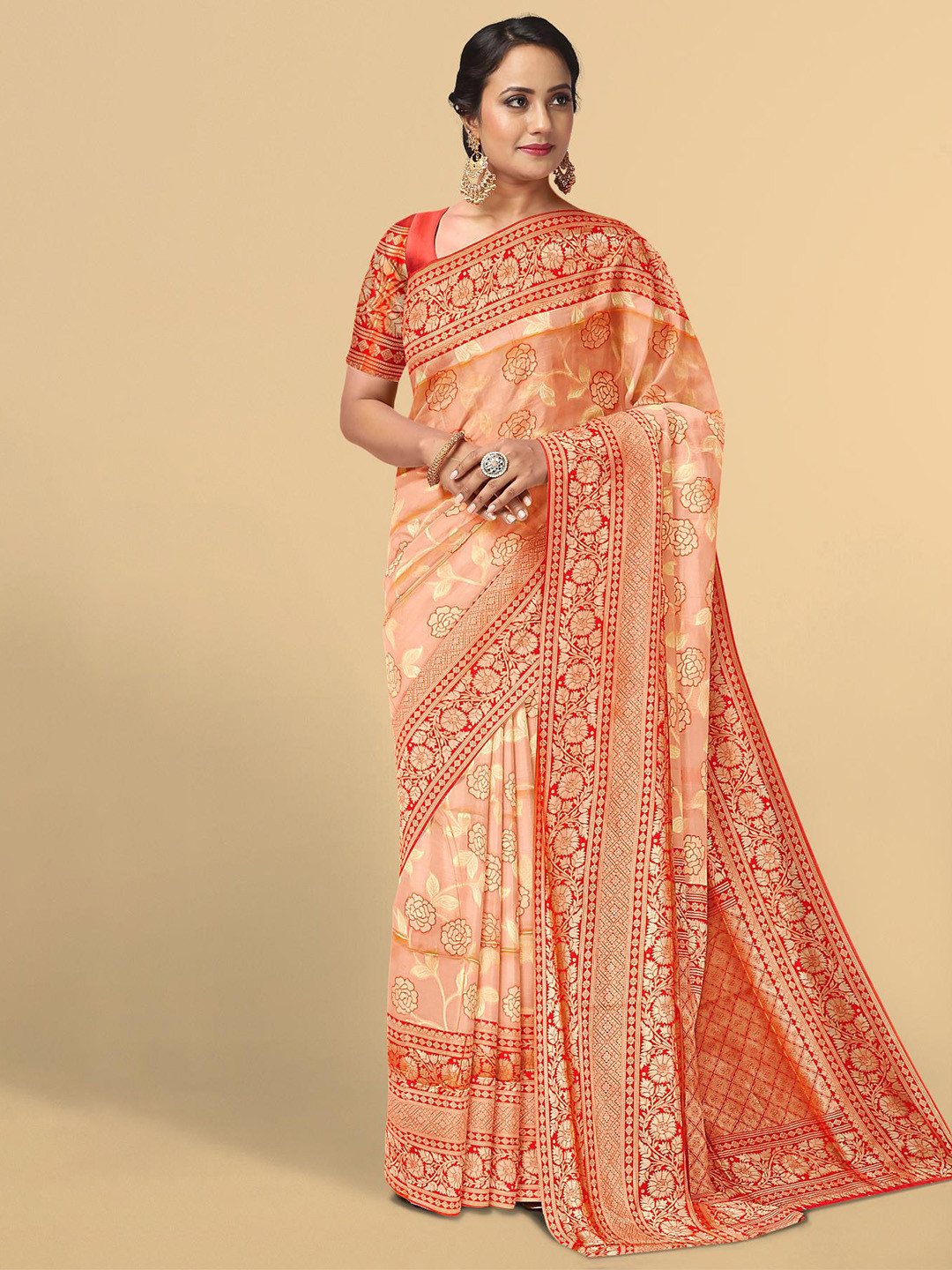 

Kalamandir Orange & Red Floral Zari Silk Blend Saree